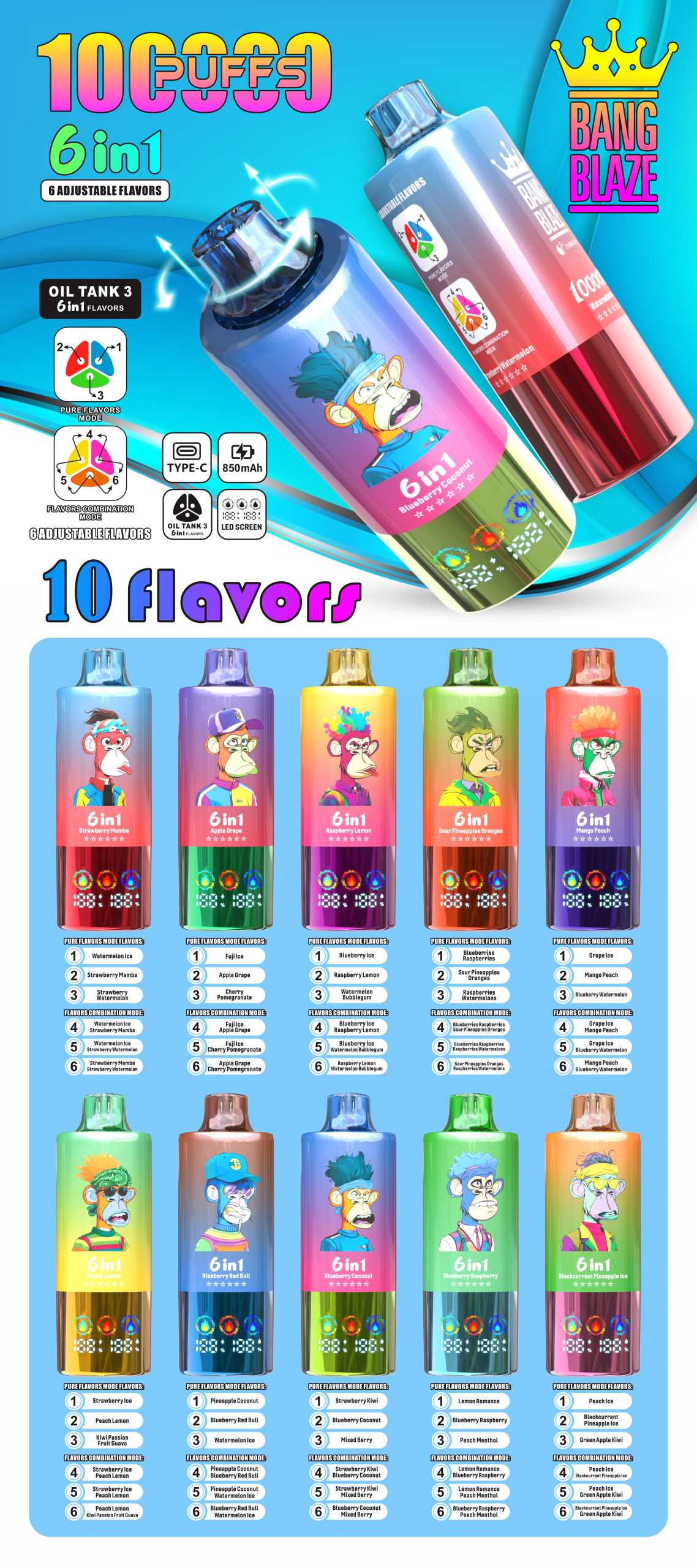 Bang Blaze 6 in 1 100000 Puffs Flavors List