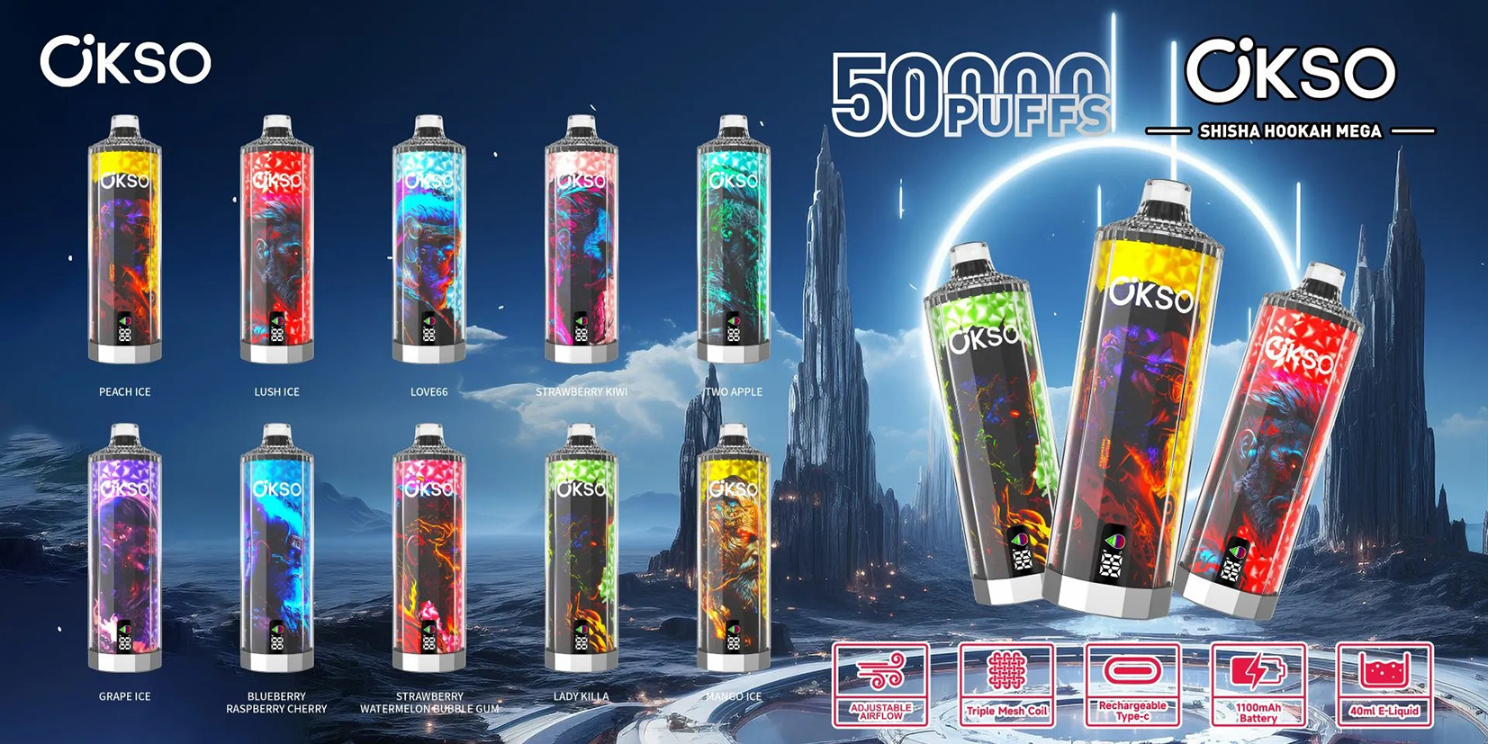 OKSO Shisha Hookah Mega 50000 Puffs Flavors List OKSO Shisha Hookah Mega 50000 Puffs Flavors List