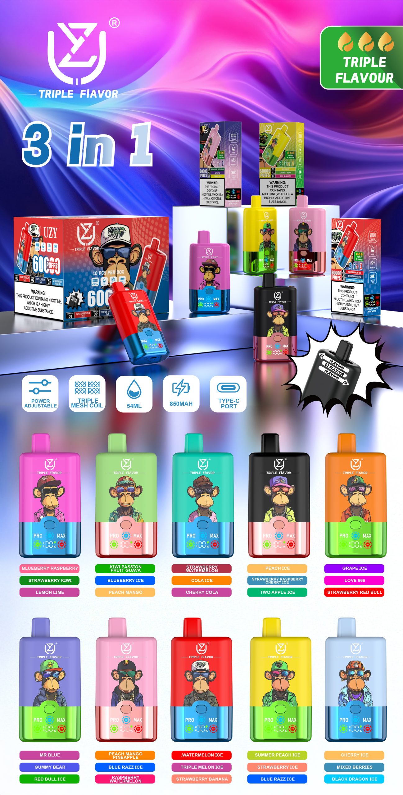 UZY Triple Flavors 60000 Puffs Flavors