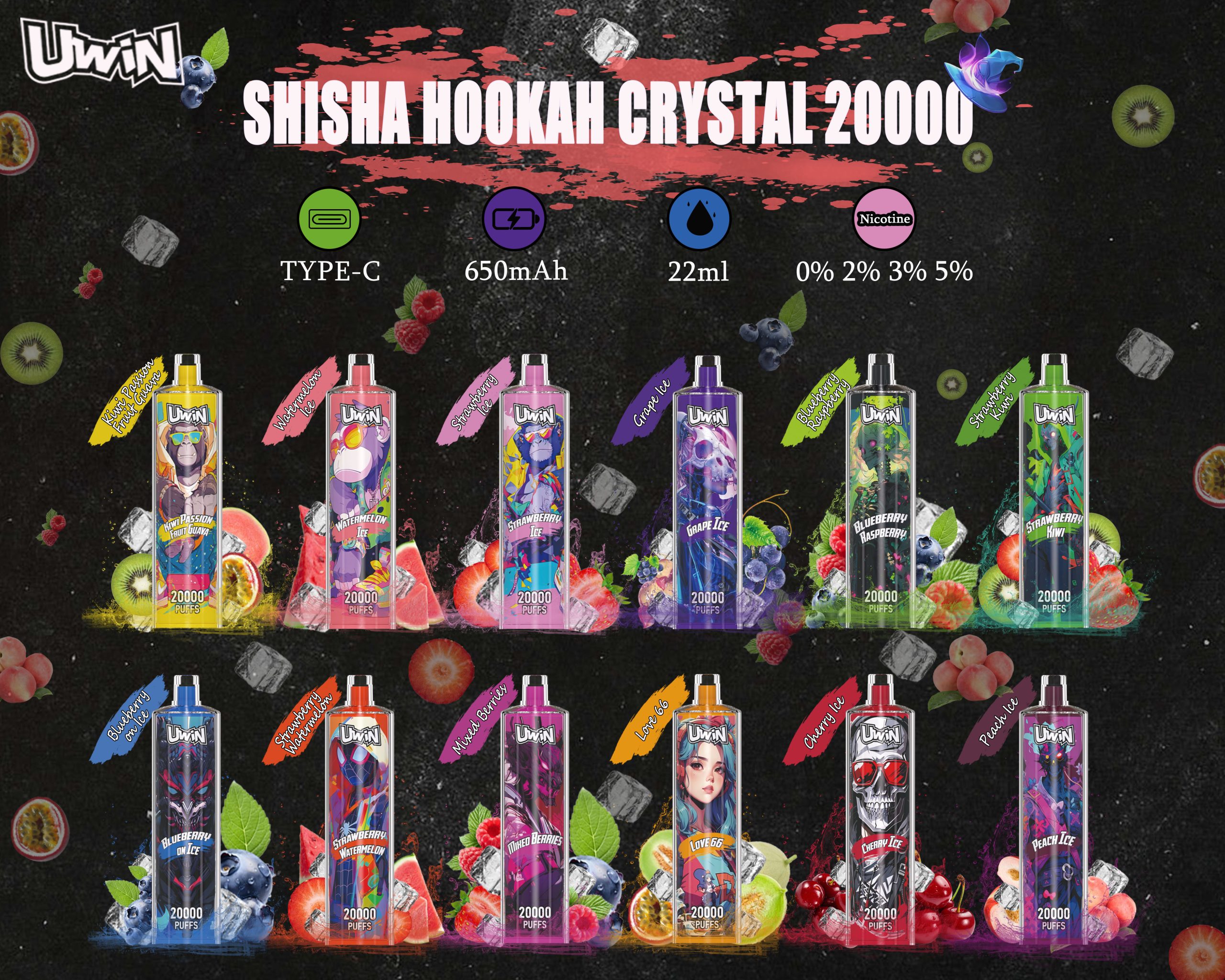 Uwin Shisha Hookah Crystal 20000 Puffs Flavors