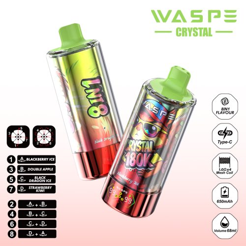 WASPE Crystal 8 in 1 180000 Puffs Blackberry Ice & Double Apple & Black Dragon Ice & Strawberry Kiw