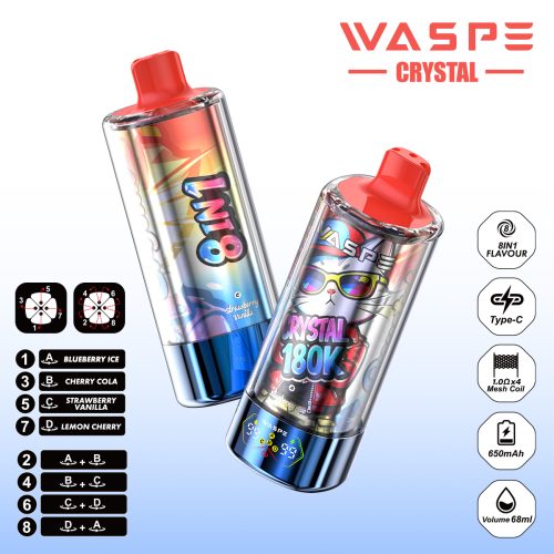 WASPE Crystal 8 in 1 180000 Puffs Blueberry Ice & Cherry Cola & Strawberry Vanilla & Lemon Cherry