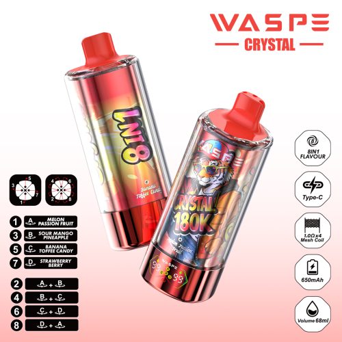 WASPE Crystal 8 in 1 180000 Puffs Melon Passion Fruit & Sour Mango Pineapple & Banana Toffee Candy & Strawberry Berry