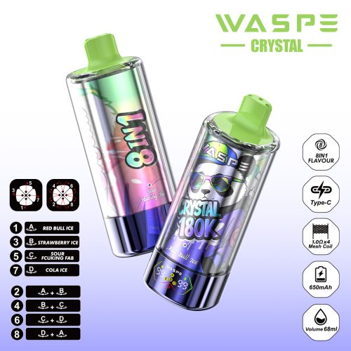 WASPE Crystal 8 in 1 180000 Puffs Red Bull Ice & Strawberry Ice & Sour Fcuking Fab & Cola Ice
