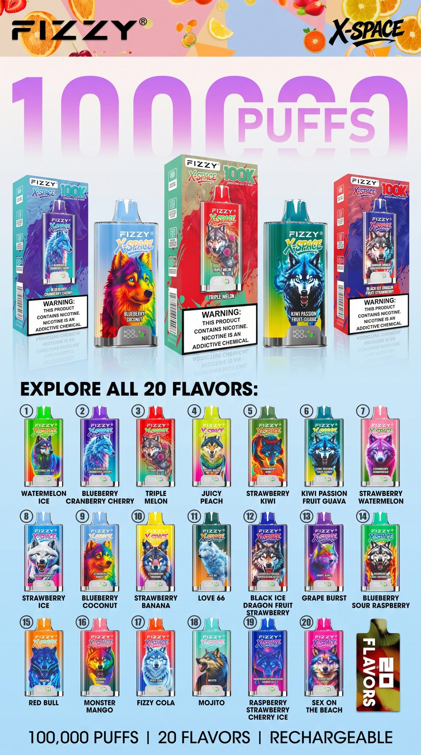 Fizzy X-Space 100K Puffs Disposable Vape Wholesale Flavor Poster Fizzy X-Space 100K Puffs Disposable Vape Wholesale Flavor Poster